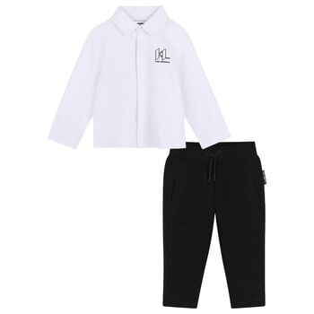 Younger Boys White & Black Logo Trousers Set
