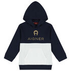 Boys Navy Blue & White Logo Hooded Top, 1, hi-res