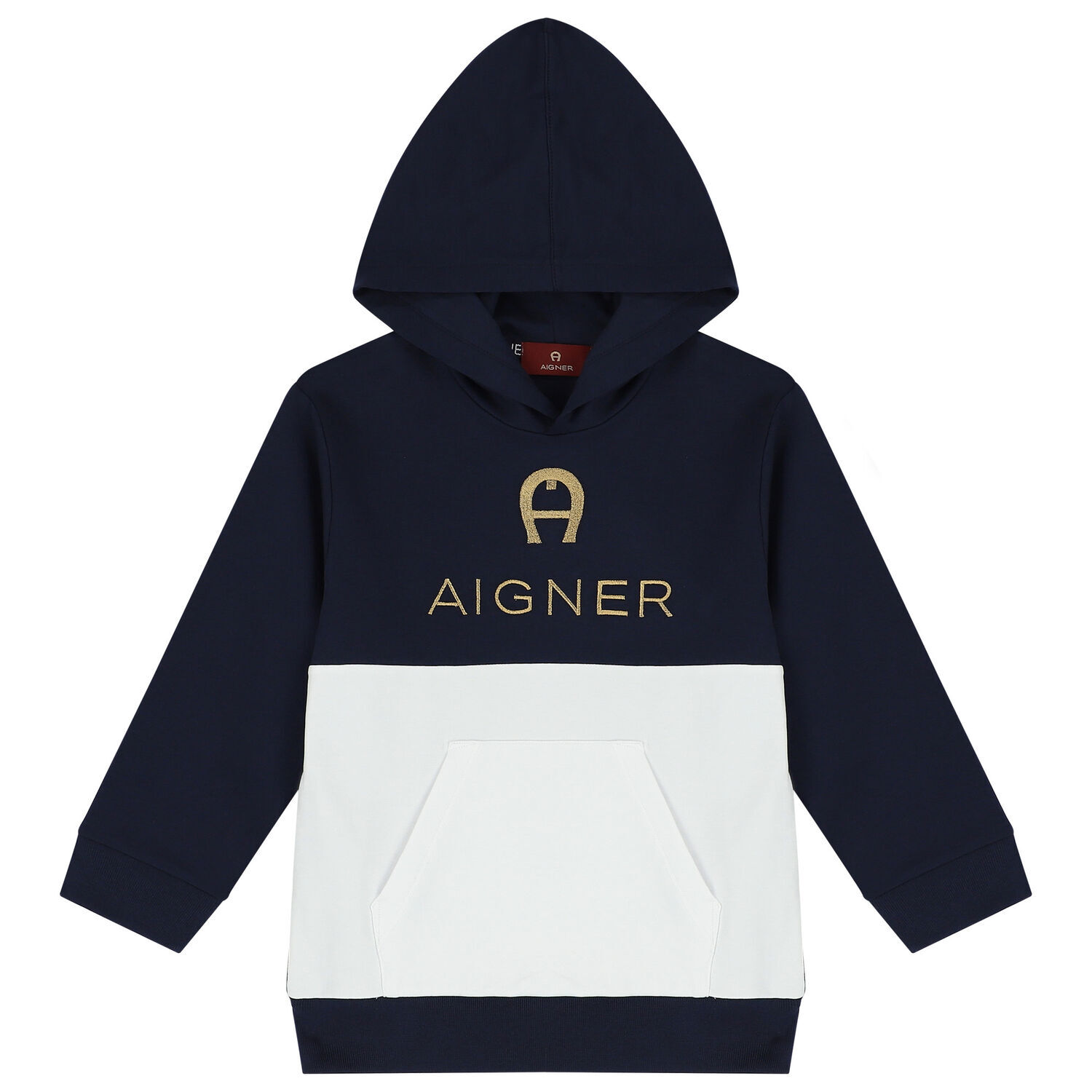 Boys Navy Blue & White Logo Hooded Top, 1, hi-res