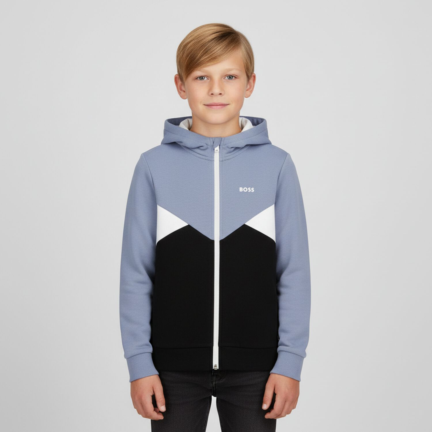 Boys Blue & Black Logo Hooded Zip Up Top, 1, hi-res image number null