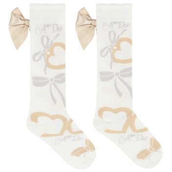 Girls Ivory & Gold Satin Bow Socks