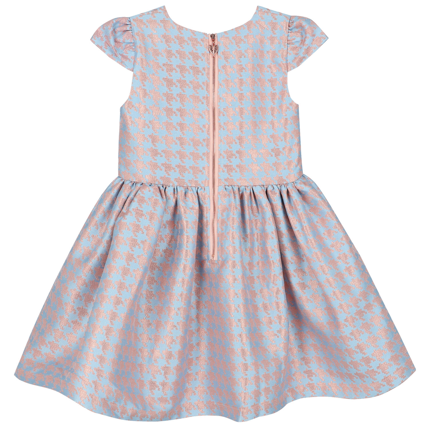 Girls Blue & Rose Gold Houndstooth Dress, 2, hi-res