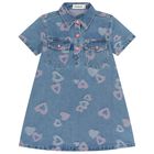 Girls Blue Denim Jacquard Heart Dress, 1, hi-res