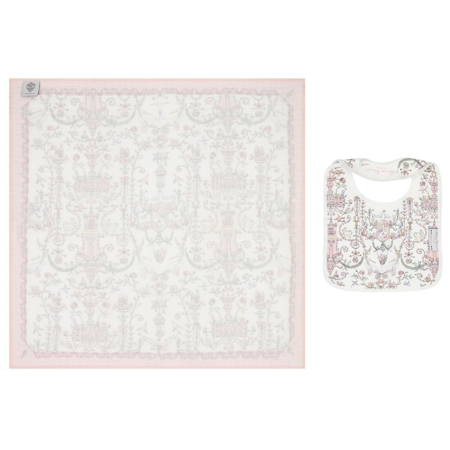 Baby Girls White & Pink Toile de Jouy Carr&eacute; Swaddle & Bib Gift Set, 1, hi-res