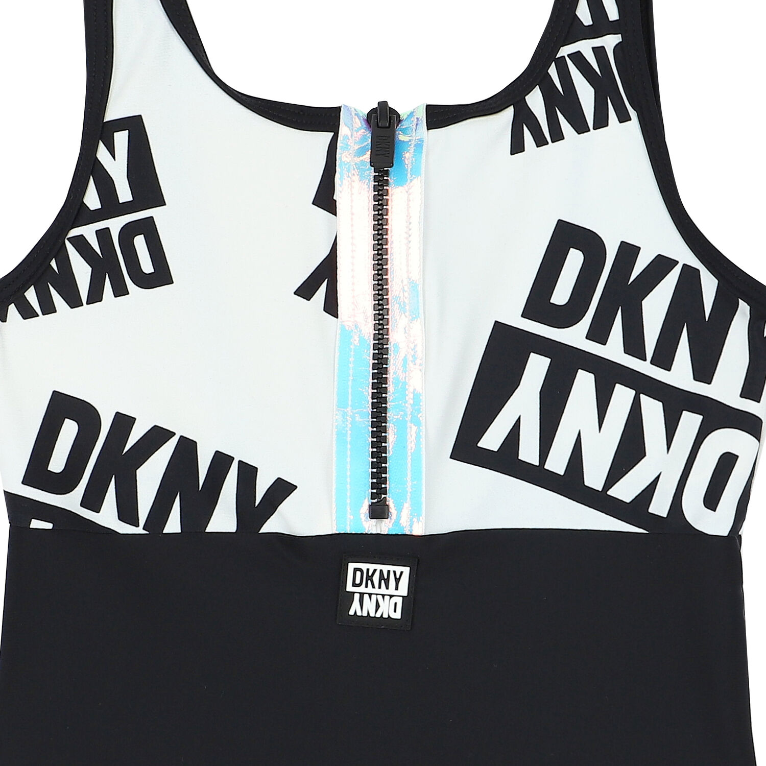 مايوه سباحة بالشعار باللون الأبيض والأسود للبنات, 1, hi-res