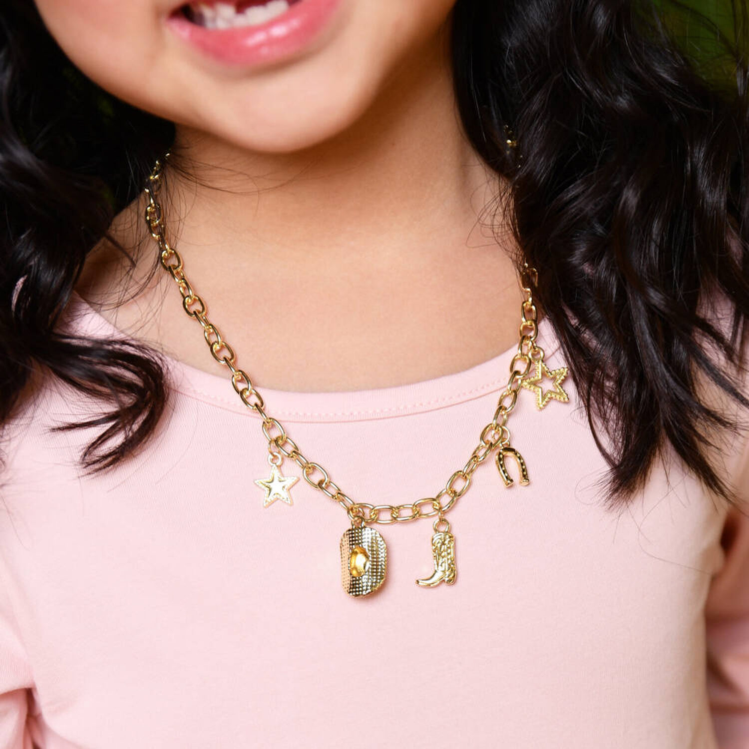 Girls Gold Metal Cowgirl Charm Necklace, 1, hi-res