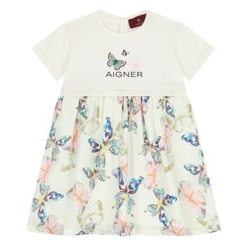 Younger Girls Ivory Butterflies Logo Dress