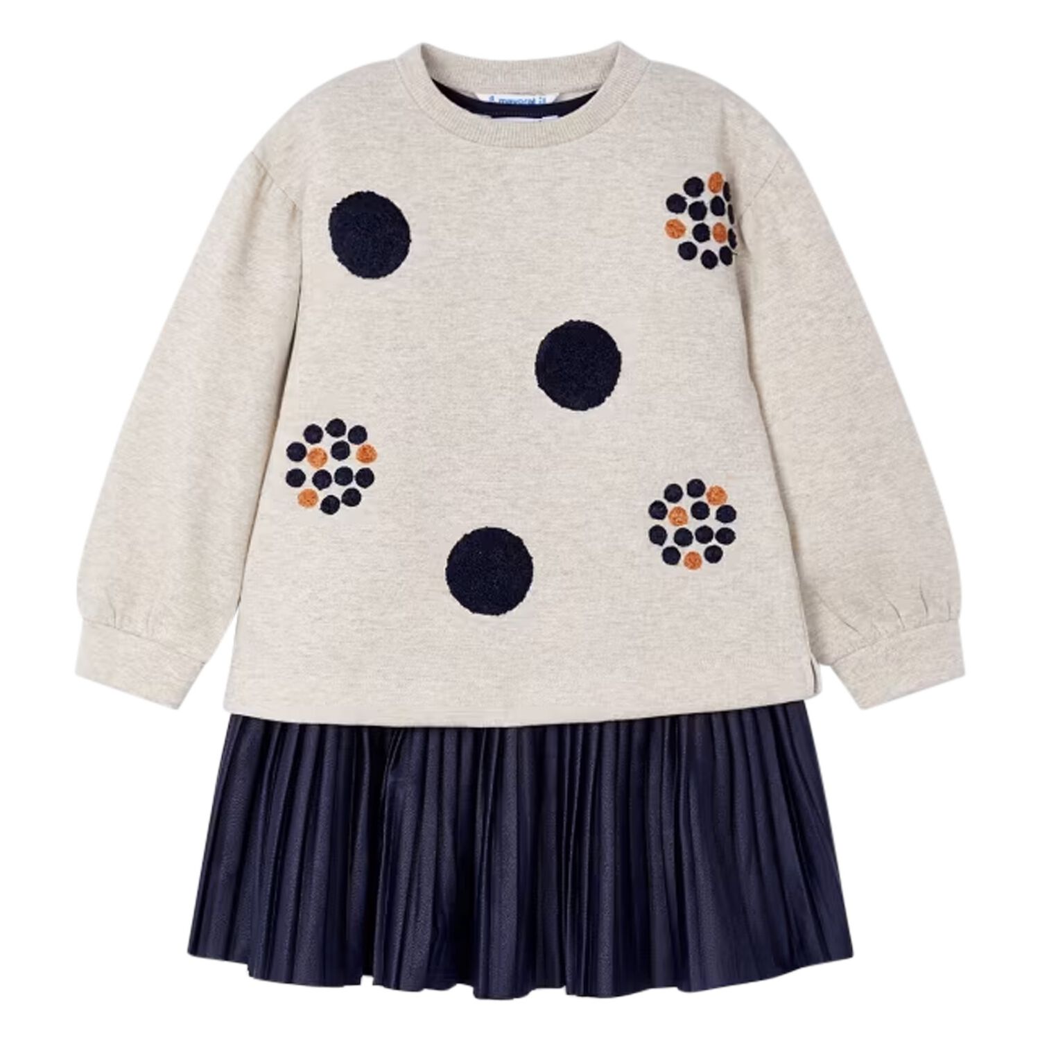 Girls Beige & Navy Blue Dress Set, 1, hi-res