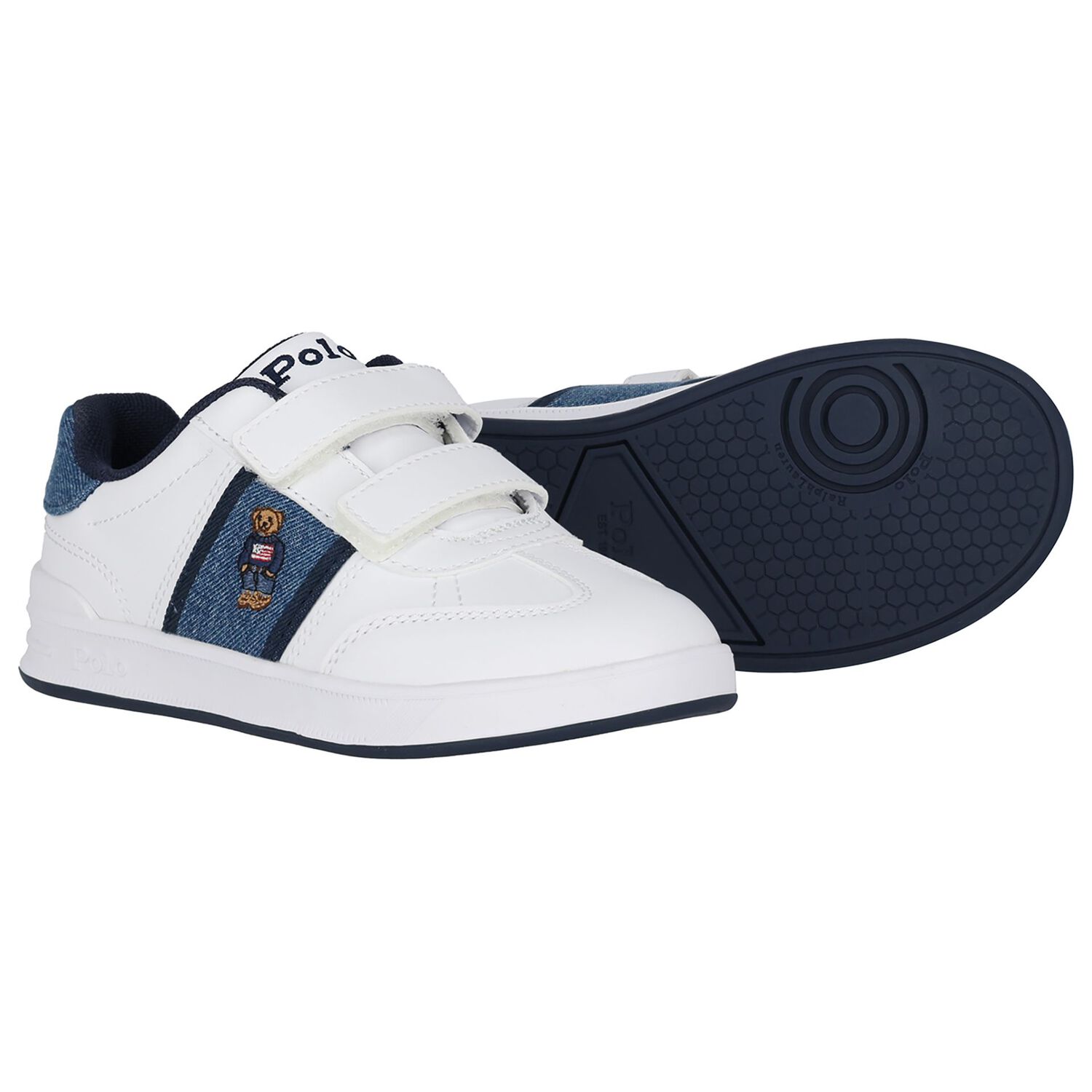Boys White & Denim Blue Logo Trainers, 1, hi-res