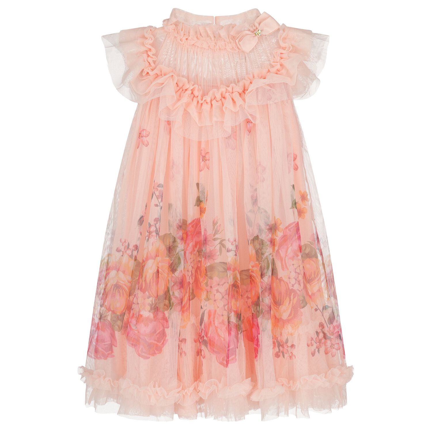 Girls Pink Floral Tulle Dress , 1, hi-res