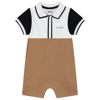 Baby Boys White & Beige Logo Romper