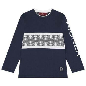 Boys Navy Blue Logo Long Sleeve Top
