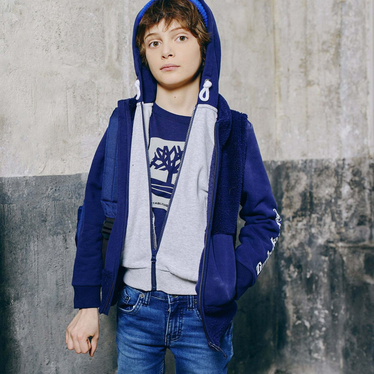 Boys Grey & Navy Hooded Top, 1, hi-res