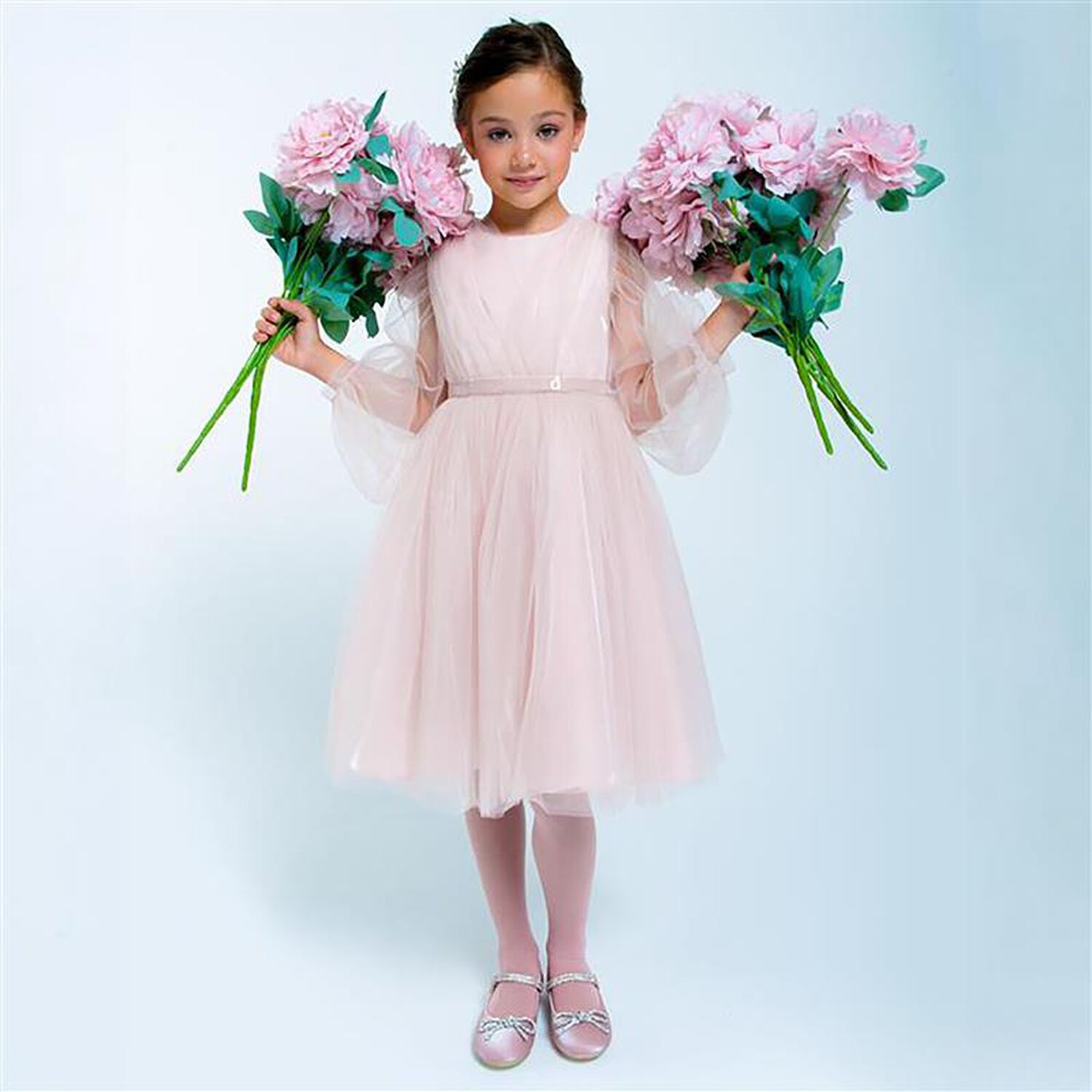 Girls Pink Sheer Sleeves Tulle Dress, 1, hi-res
