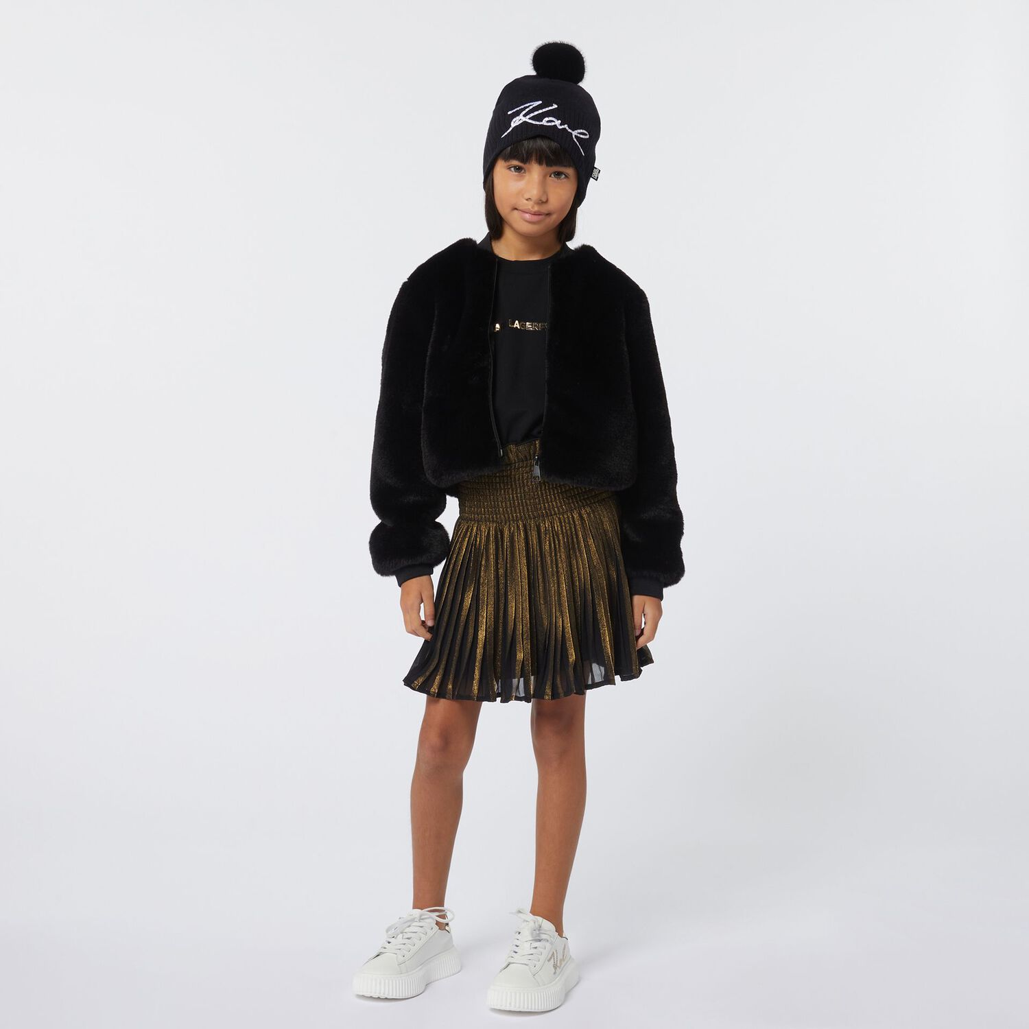 Girls Black & Gold Pleated Dress, 1, hi-res