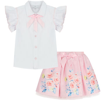 Girls White & Pink Tulle Skirt Set