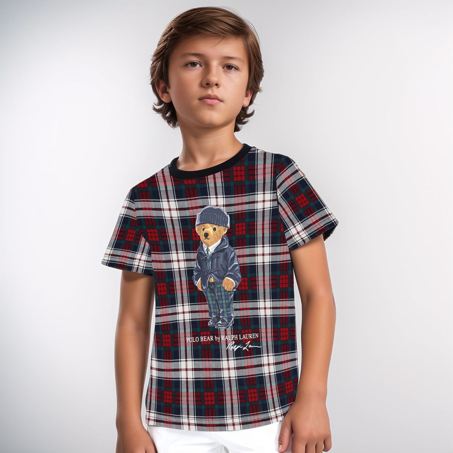 Boys Red & Navy Blue Logo Tartan T-Shirt, 1, hi-res image number null