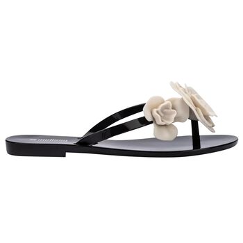 Girls Black & Beige Logo Flower Flip Flops