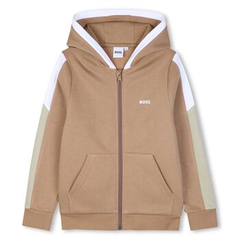 Boys Beige Logo Hooded Zip Up Top