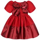 Girls Red Bow Pleated Twill Dress, 2, hi-res
