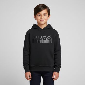 Boys Black Logo Hooded Zip Up Top