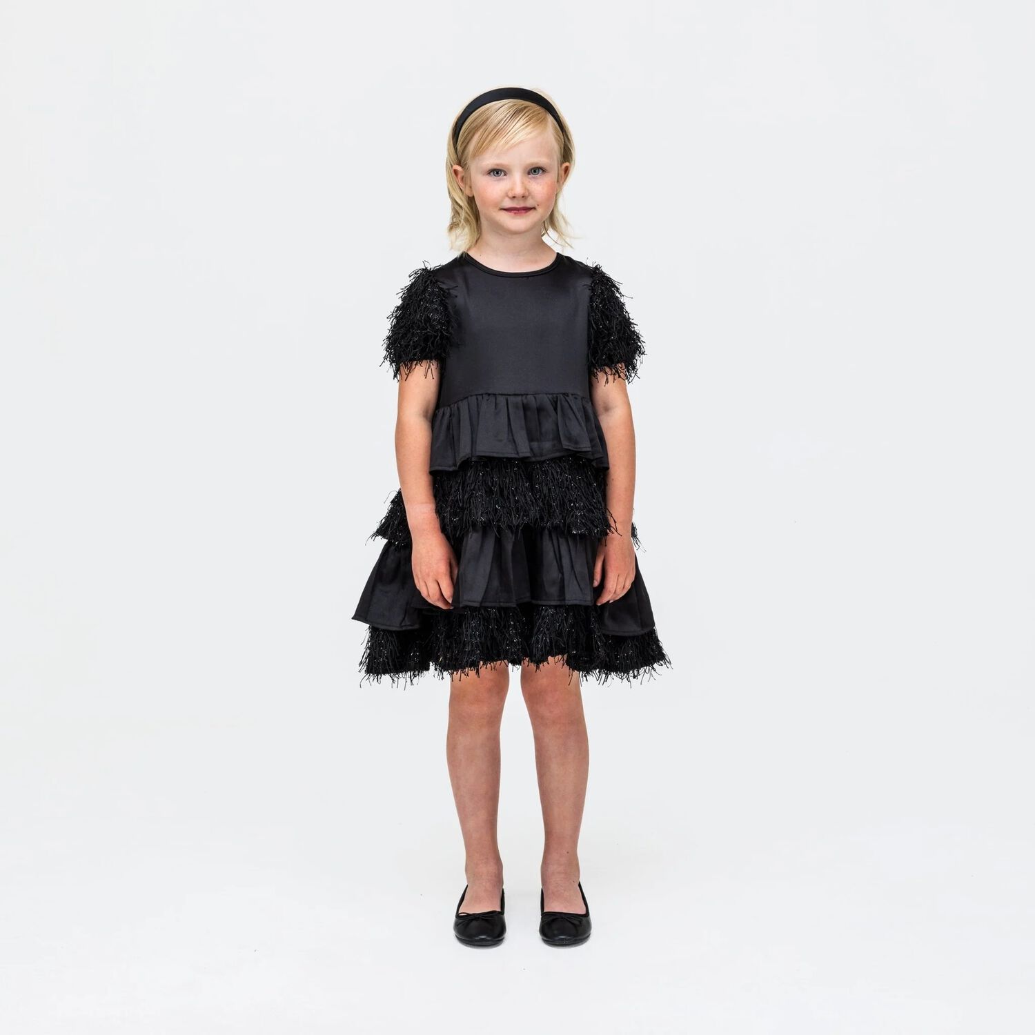Girls Black Tiered Satin Dress, 1, hi-res image number null