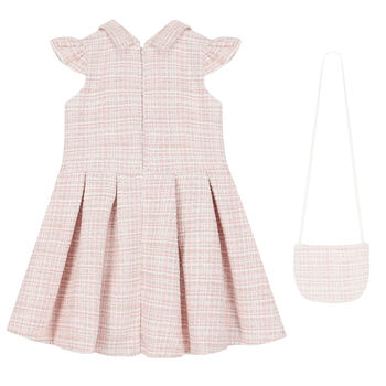 Girls Pink & Ivory Bow Dress & Bag Set