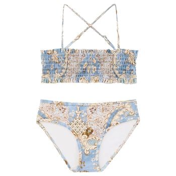 Girls Beige & Blue Floral Bikini