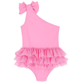 Girls Pink One-Shoulder Tulle Frills Swimsuit