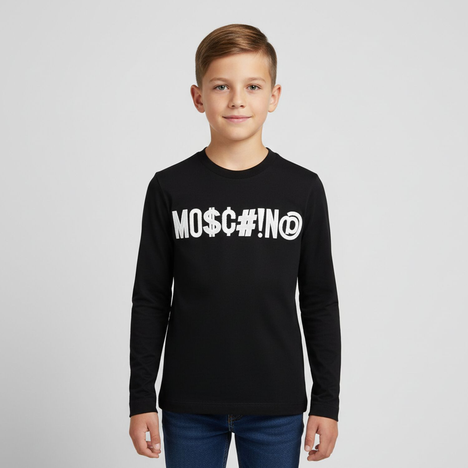 Boys Black Logo Long Sleeve Top, 1, hi-res