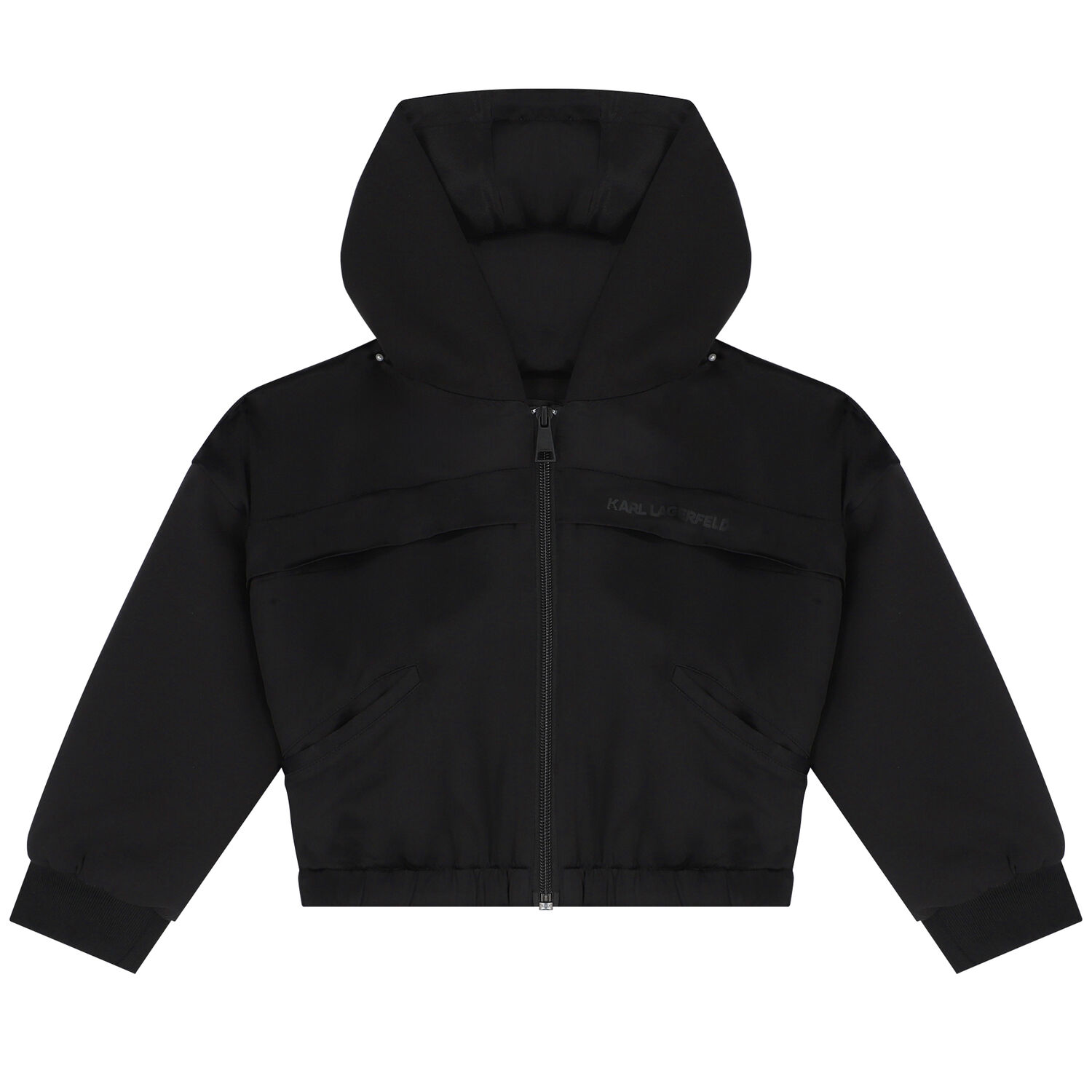 Girls Black Satin Logo Hooded Zip Up Top, 1, hi-res