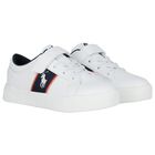 Boys White & Navy Blue Logo Trainers , 1, hi-res
