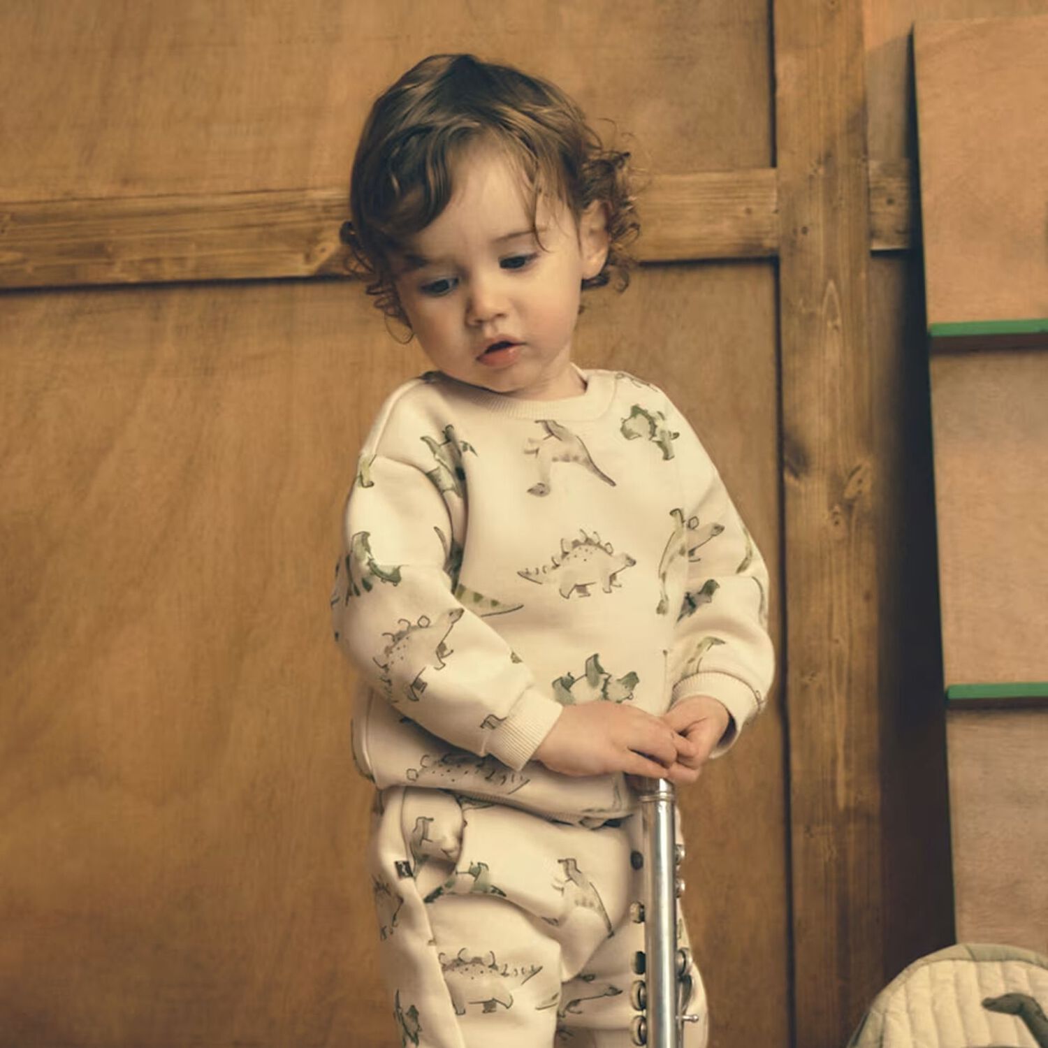 Younger Boys Beige Dinosaur Joggers, 1, hi-res