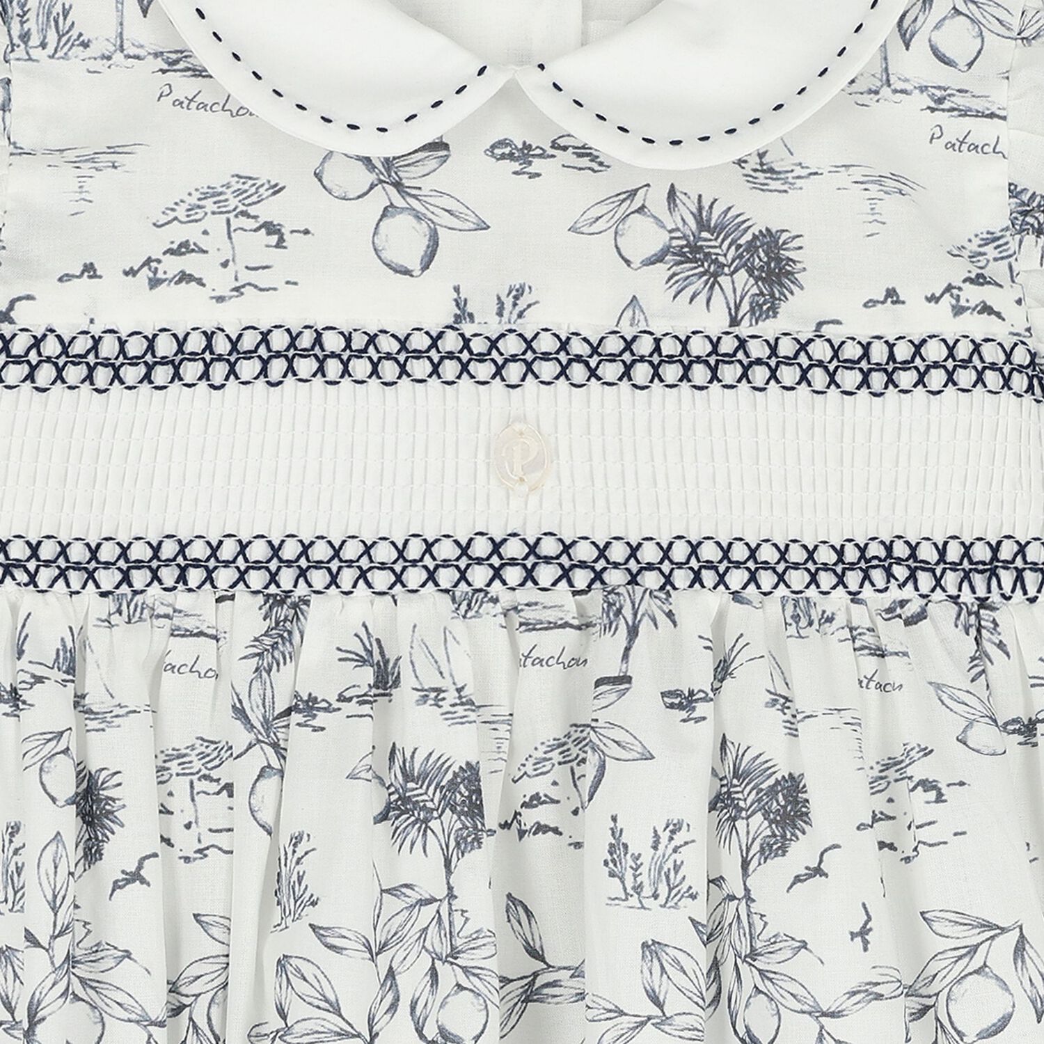 Baby Girls White & Navy Blue Smocked Dress, 1, hi-res