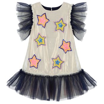 Girls Gold & Navy Blue Stars Tulle Dress