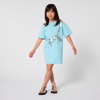 Girls Pale Blue Bag Print Dress