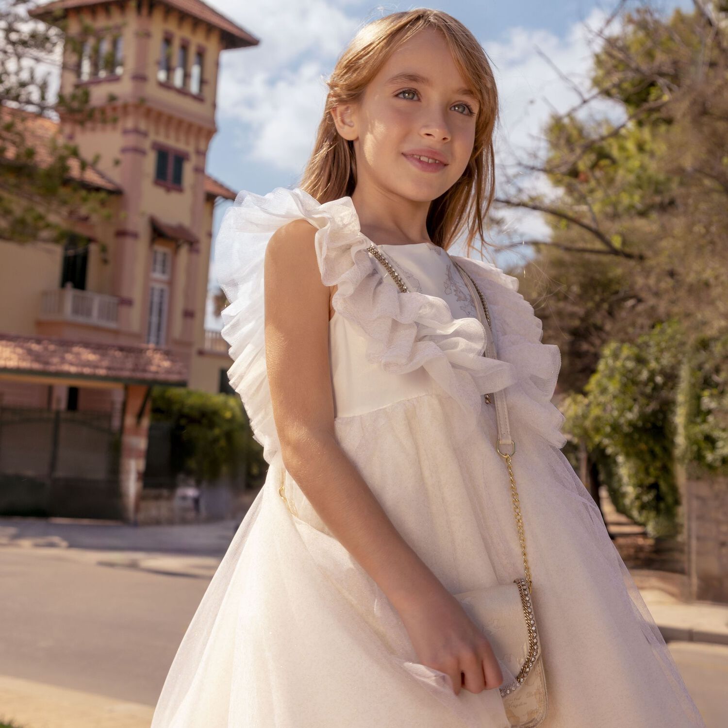 Girls White & Beige Geo Map Dress, 1, hi-res image number null