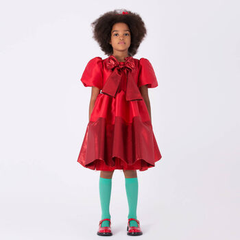 Girls Red Bow Pleated Twill Dress