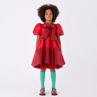 Girls Red Bow Pleated Twill Dress, 2, hi-res