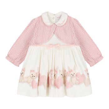 Baby Girls Ivory & Pink Teddy Bear & Rabbit Dress Set