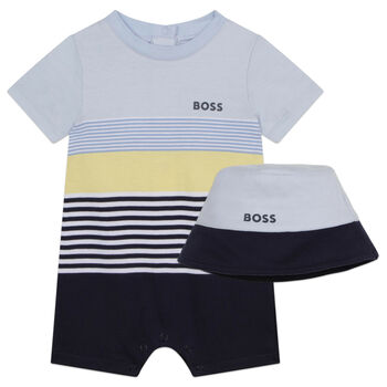 Baby Boys Blue Striped Logo Romper & Hat Set