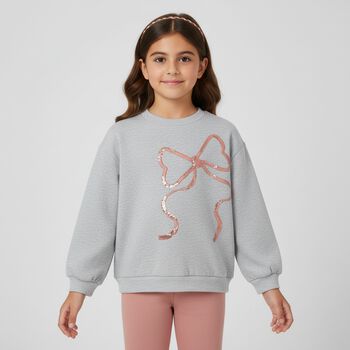 طقم ليجينز بنات مزين بفيونكه باللون الرمادى الوردى 