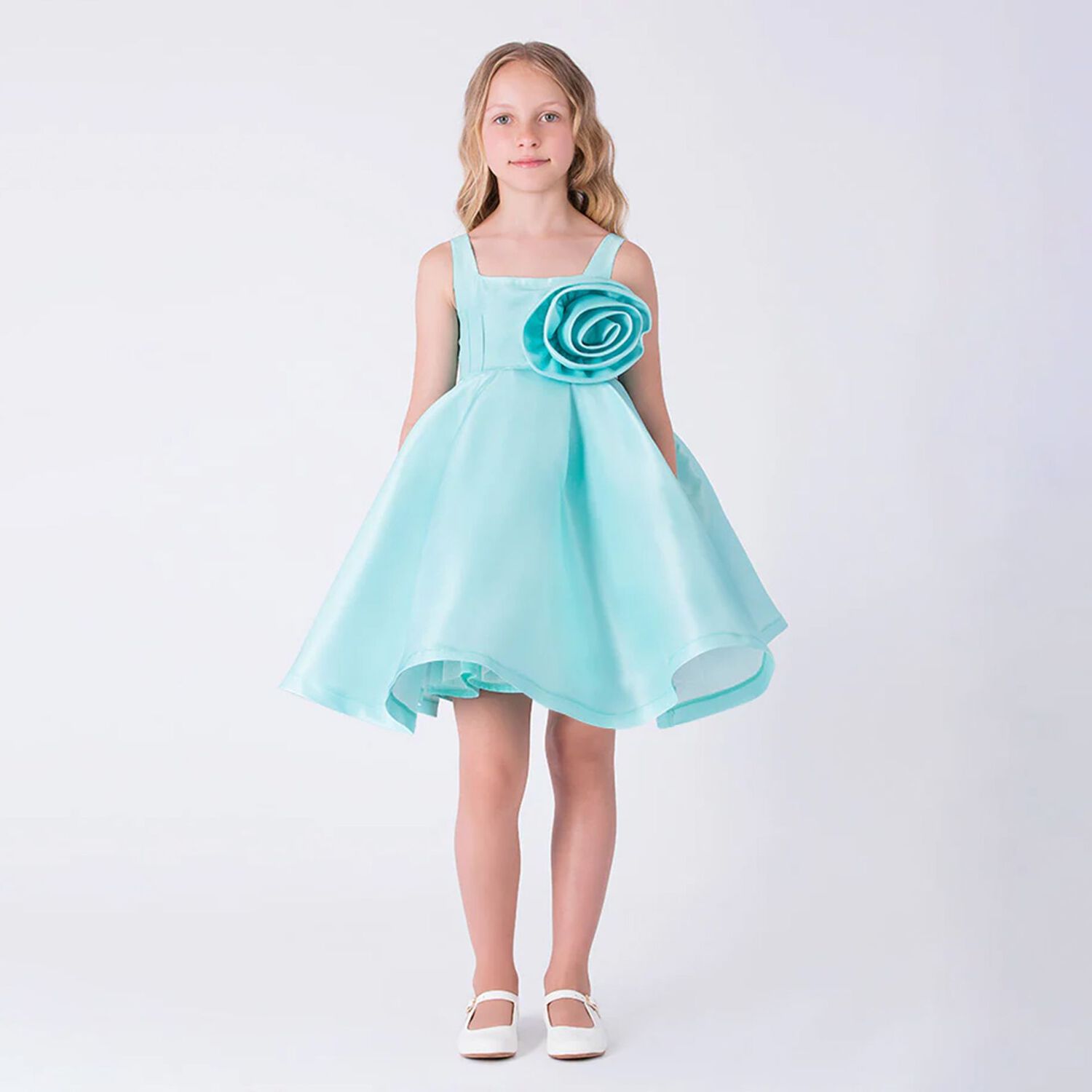 Girls Aqua Satin Floral Applique Dress, 1, hi-res
