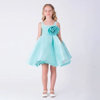 Girls Aqua Satin Floral Applique Dress