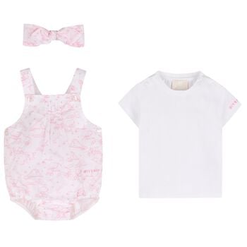 Baby Girls White & Pink Toile de Jouy Romper Set