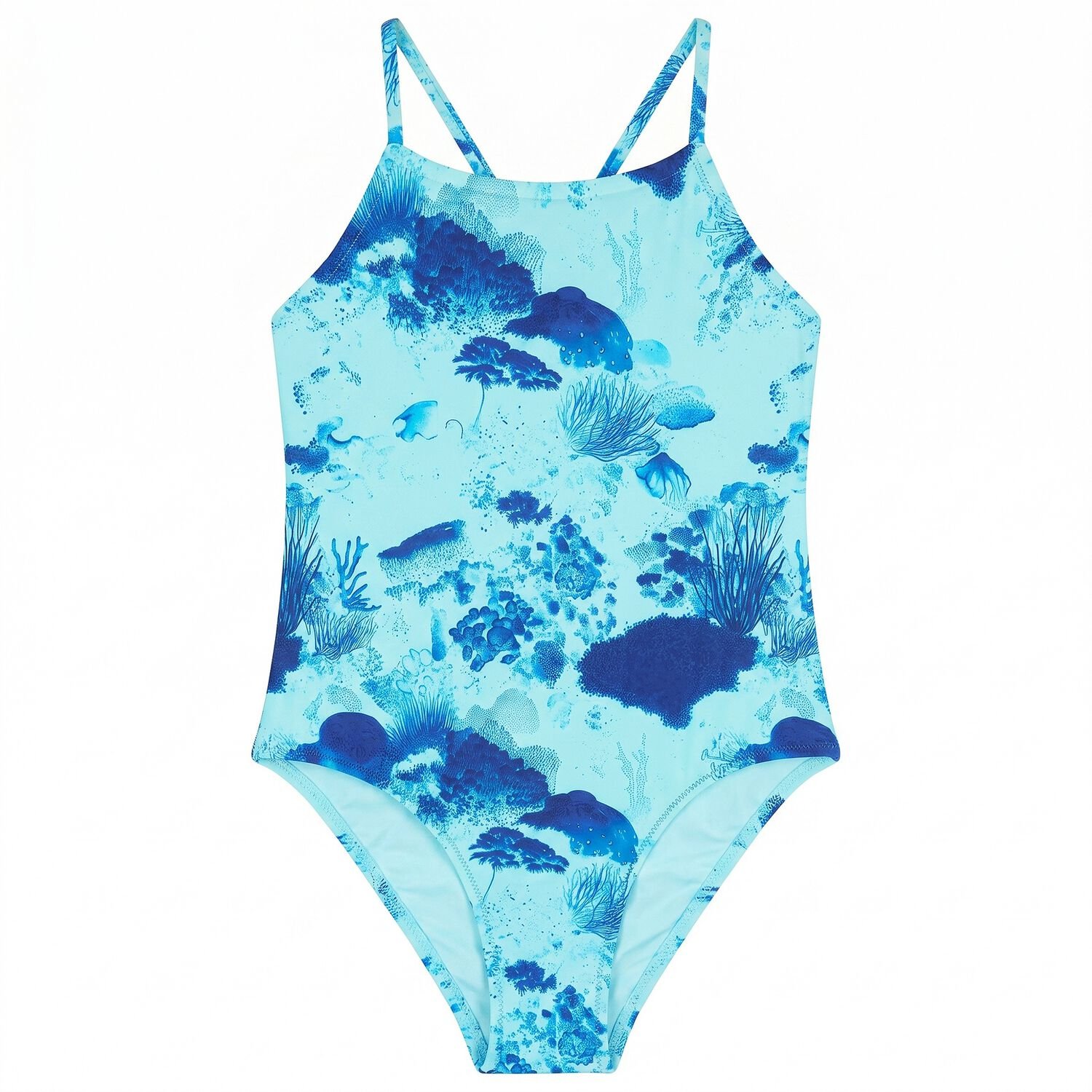 Girls Blue Coral Reef Logo Swimsuit, 1, hi-res