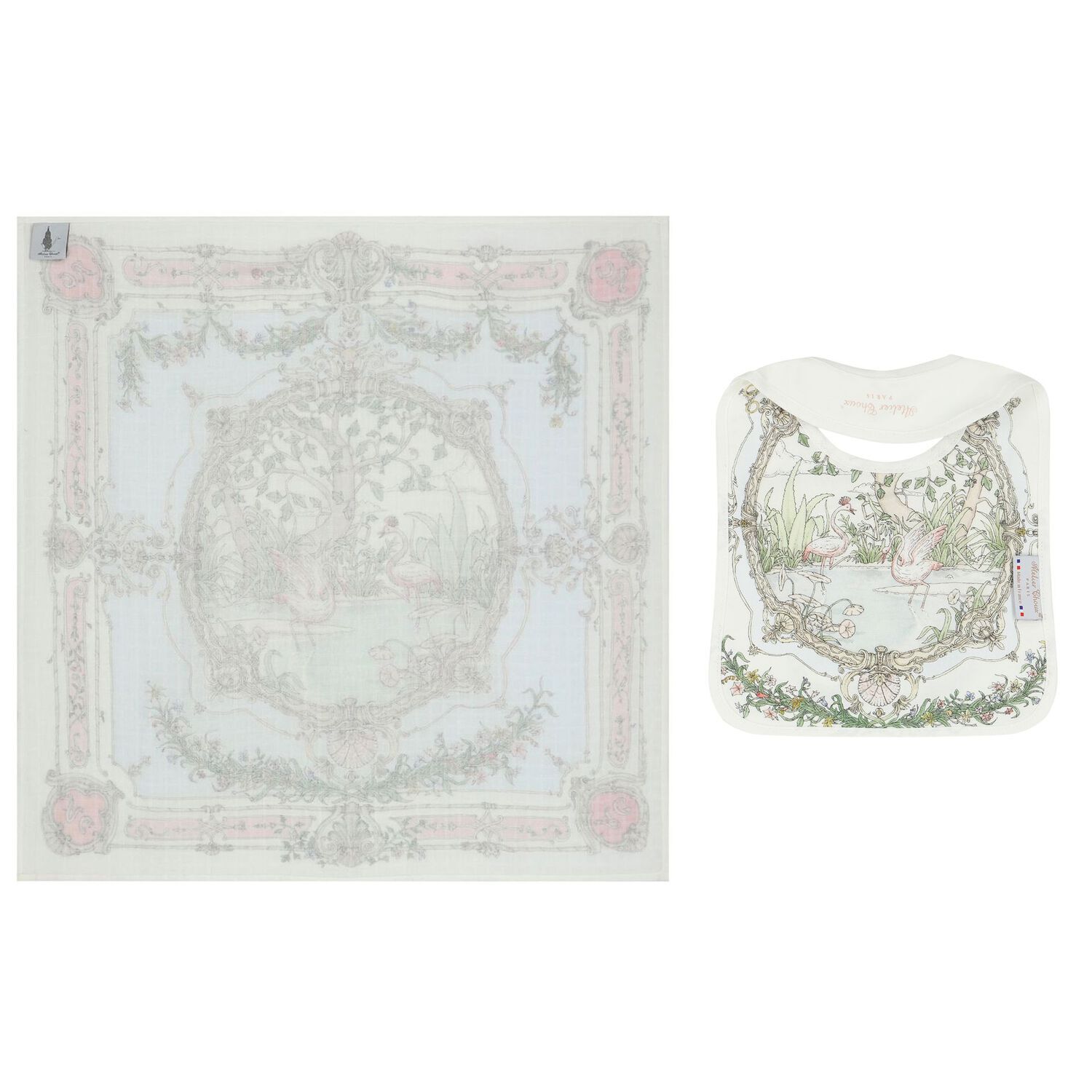 طقم هدية قماط ومريلة مزخرفة باللون العاجى والأزرق, 1, hi-res image number null