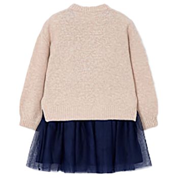 Girls Beige & Navy Blue Tulle Dress Set