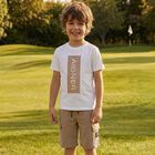 Boys White & Beige Logo Shorts Set, 1, hi-res