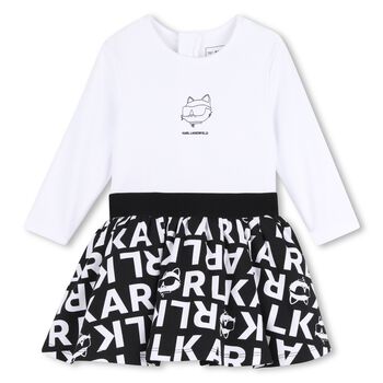 Younger Girls White & Black Choupette Logo Dress